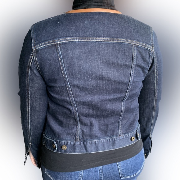 Ralph Lauren denim jacket in dark wash with faux leather trim around the collar. - Picture 2 of 10